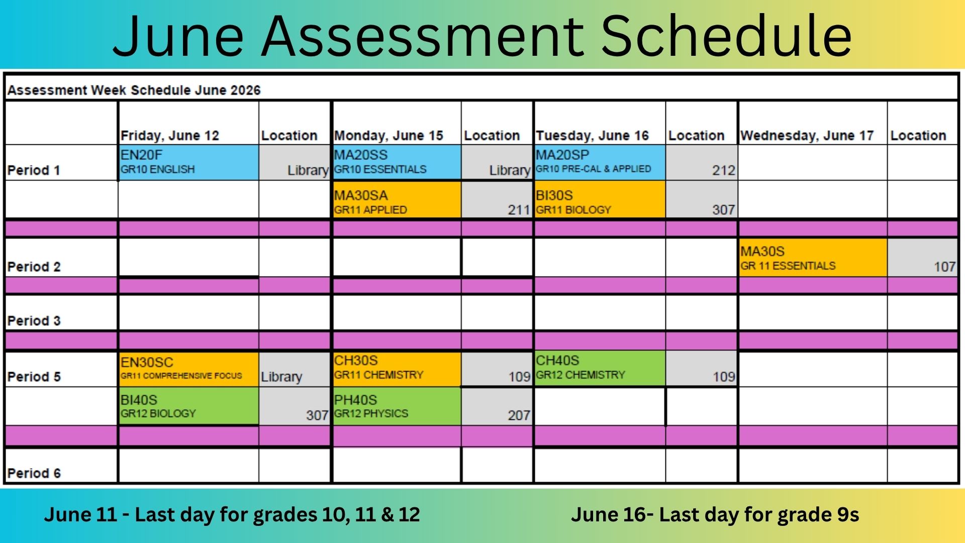 June Assessment Schedule